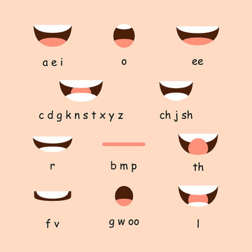 Mouth animation. Lip sync collection for animation. Cartoon mouth sync for sound pronunciation. Vector illustration in flat style