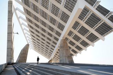 Man standing under large solar panel