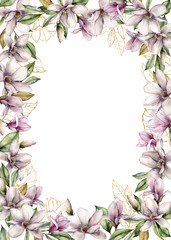 Watercolor vertical border with magnolias, leaves and buds. Hand painted floral frame with flowers isolated on white background. Holiday spring illustration for design, print, fabric or background.