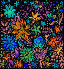 Fototapeta na wymiar Bright shiny flowers on black background. Fantasy floral pattern.