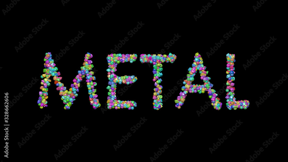 Poster colorful 3d writting of metal text with small objects over a dark background and matching shadow