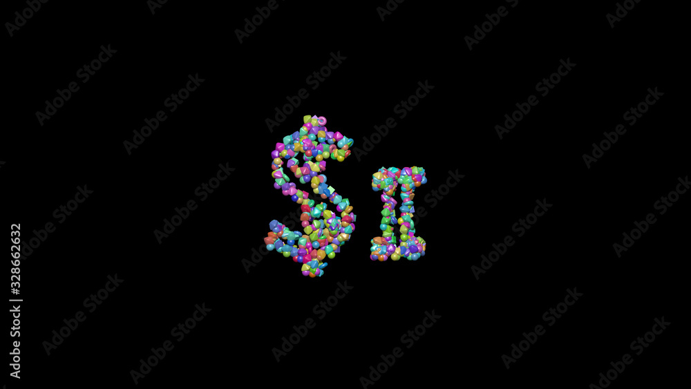 Poster $1: 3d illustration of the text made of small objects over a black background with shadows