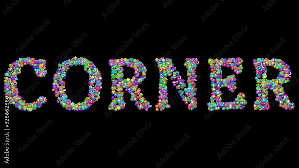 Poster corner: 3d illustration of the text made of small objects over a black background with shadows