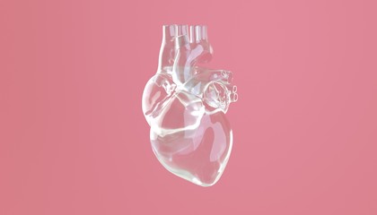 3d rendered illustration of glass heart on pink background , medical concept