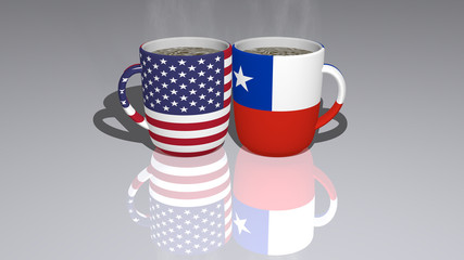 Relationship of UNITED STATES OF AMERICA AND CHILE presented by their national flags on cups of tea or coffee as editorial or