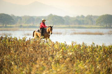 Obraz na płótnie Canvas Western cowboys riding horses along the river.