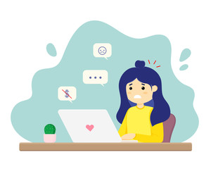 Girl with a laptop. Vector illustration in flat style. Social network icons. Disappointment, resentment, tension, sadness. Work on the Internet, sales, social networks, freelancing. A failed workflow.