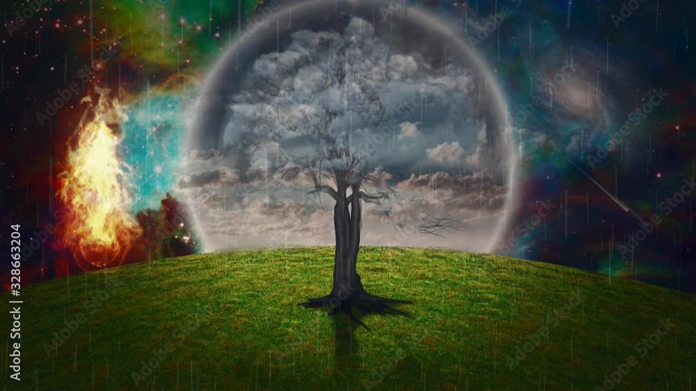 Wall mural tree with clouds on a branches