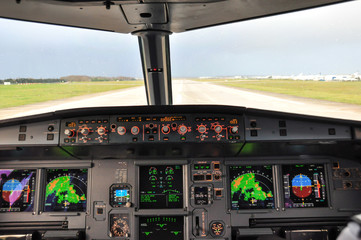 Cockpit shot taken from the jump seat of an Airbus A320 landing in Paris Orly during a stormy...