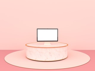 The view is a simulation of computers white screen resting on a Round marble Podium on the pastel pink floor, Isolated on pink background, Podium can be used for commercial advertising, 3D rendering.