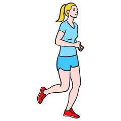 Fototapeta na wymiar blonde jogger with blue sport outfit. isolated, vector, cartoon, full body.