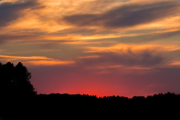 A fiery sunset over a distant forest