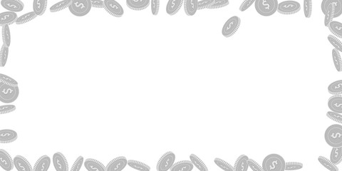 American dollar coins falling. Scattered black and