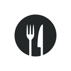 Fork and knife icon logo. Simple flat shape sign. Restaurant cafe kitchen diner place menu symbol. Vector illustration image. black silhouette isolated on white background.