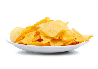 White plate of crisps snack on white background isolation