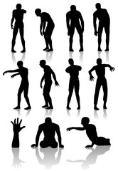 Zombies silhouette collection. Different types of undead in different positions. Isolated vector illustrations.