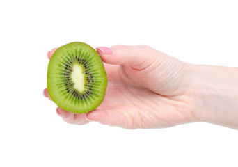 Half kiwi sweet fruit in hand on white background isolation