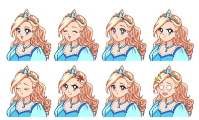 A set of cute anime princess with different expressions. Blonde hair, big blue eyes, blue dress. © TomatoLaccoon