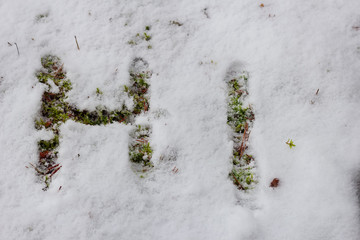 hello inscription on the lettering spring snow melt