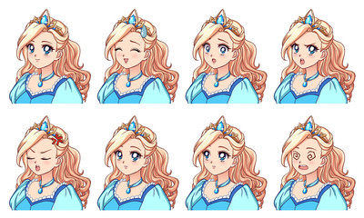 A set of cute anime princess with different expressions. Blonde hair, big blue eyes, blue dress. © TomatoLaccoon