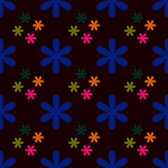 Fototapeta na wymiar Multicolour large and small flowers on a dark bordo background repeat pattern
