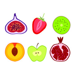 Set of colorful cartoon fruit icons: apple, strawberry, peach, kiwi, fig, pomegranate. Vector illustration, isolated on white.