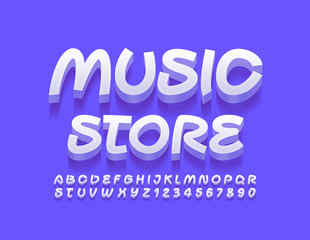 Vector creative banner Music Store. Handwritten 3D Font. Modern Alphabet Letters and Numbers