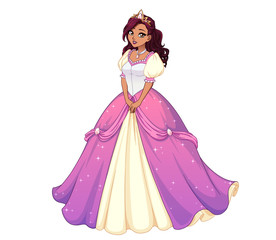 Obraz na płótnie Canvas Pretty cartoon princess standing and wearing pink ball dress. Dark curly hair, big brown eyes.