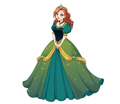 Pretty cartoon princess standing and wearing green ball dress. Red curly hair, big blue eyes.