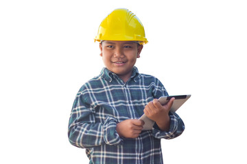 Boy kid hold tablet use hard hat engineer white background