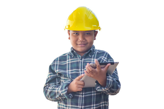 Boy kid hold tablet use hard hat engineer white background