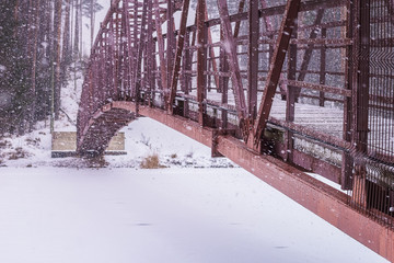 snowfall bridge winter landscape extreme weather transportation