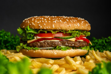 Juicy beef burger with cutlet, onion, vegetables.Isolated hamburger