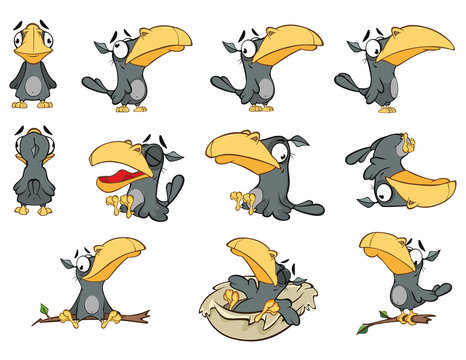 Vector Set Illustration of a Cute Cartoon Character Raven for you Design and Computer Game