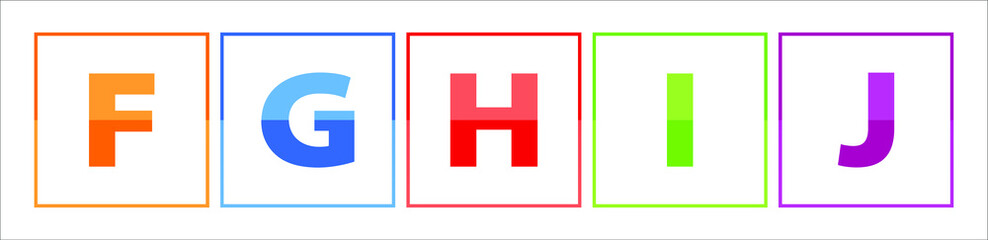 The colorful F,G,H,I,J letters, made with orange- red, purple, blue, green color. Each letter is in the frame and the background is  white 