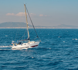 Obraz premium Seascape with sailboat the background of the blue sky.