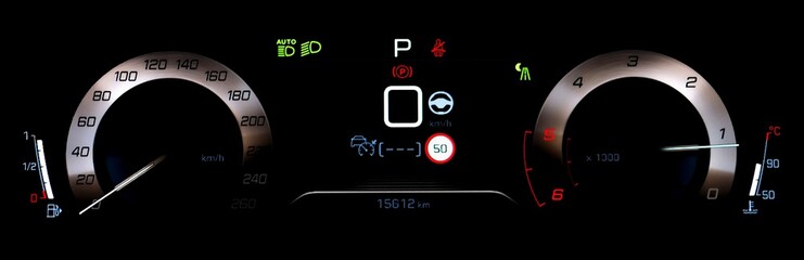 Car dashboard panel with speedometer, tachometer, odometer, fuel gauge, car temperature gauge and brake system icon. Full digital instrument cluster in modern vehicle. Photo on isolated background.