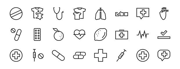  Simple Set of Medicine, Pills Related Vector Line Icons. Contains icons such as Pain, Syringe, tablet and more. Editable stroke. 480x480 pixels perfect, on a white background