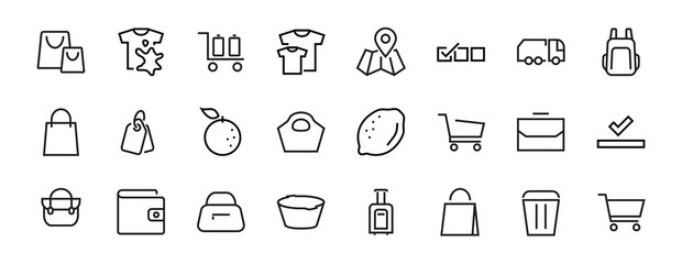 A simple set of bags, shopping and travel icons. Vector illustration Contains icons such as Card, wallet, shopping basket, discount, bowl, package. On a white background, editable stroke. 48x48 pixels