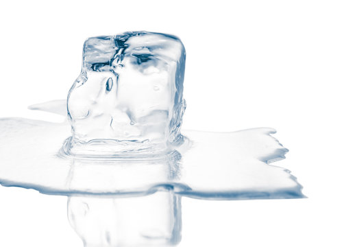 Natural crystal clear melting single ice cube on white background.
