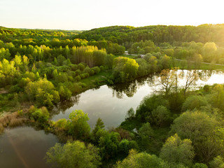 Beautiful aerial forest scene in summer. Green trees and river on sunny summer day.