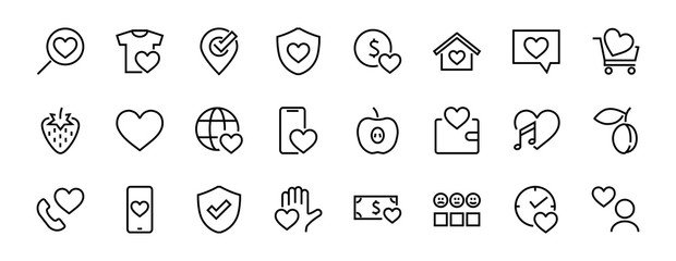 The set of icons about love contains such icons as love of music, declaration of love, heart, favorite home, Linear set. Vector on a white background. Editable stroke. 480x480
