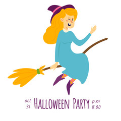 Halloween vector card, postcard, poster, invitation, flyer with people in different carnival costumes having fun in cartoon style isolated on white background.