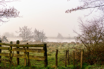 Clôture en bois fermant l'accès à la rivière dans la brume