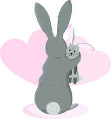 cute bunnies mom and son, son in the arms of mom vector, child illustration