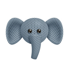 Illustration of a funny knitted elephant toy head. On white background