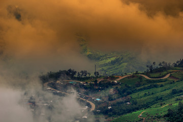 Fototapeta premium abstract background blur view of the sun shining through the clouds,surrounded by large mountains and various species of trees