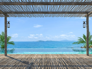 Empty tropical pool terrace 3d render with old wood flooring Wooden poles and covered with wooden battens overlooking the infinity pool and sea views - obrazy, fototapety, plakaty