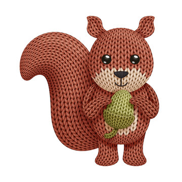 Illustration Of A Funny Knitted Squirrel Toy With Acorn. On White Background