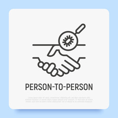 Spread of virus by handshake, contact by hands. Microbe on hand under magnifier. Person to person. Modern vector illustration.